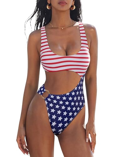 SUUKSESS Women Sexy One piece Tummy Control Swimsuit Cutout Backless Slimming Swimwear 2025 Cheeky Side O-Ring Bathing Suit (American Flag Medium)
