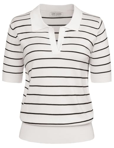 Kate Kasin Women Summer Striped Knitted Polo Sweaters Tops Short Sleeve Shirt Casual Pullover Sweater White Black M