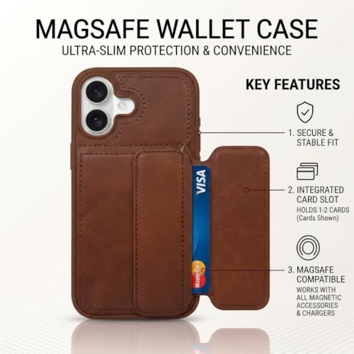 Image of amazon basics Luxury Vegan Leather Back Cover for iPhone 17 | Built-in Card Holder Slot | Integrated Mobile Stand | Slim Shockproof Protective Case with Stitched Finish - Brown