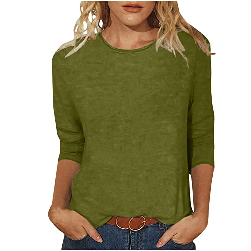 Women's Solid Crew Neck Blouse Tops Casual 3/4 Sleeve Business Shirts Fashion Loose Fit Beach Outfits Tunic T-Shirt(A-Army Green,3X-Large)