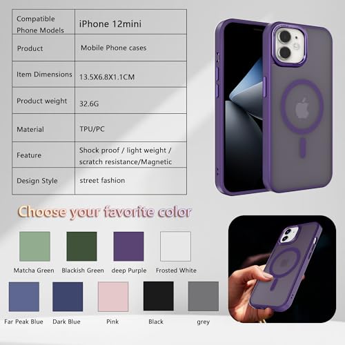 Image of Magnetic iPhone 12mini case,Compatible with Magsafe, Military-Grade Protection,Slim Translucent Matte Shockproof with Anti-Scratch Anti-Fingerprint Phone Cover (deep Purple, iPhone 12mini)