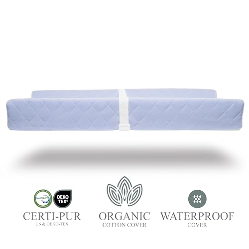 Image of Organic Cotton Covered Contoured Baby Changing Pad | Waterproof Foam Mattress, Soft, Removable & Washable Cover, Safety Strap, Non-Slip Bottom, Topper for Standard Size Infant Diaper Table & Dresser