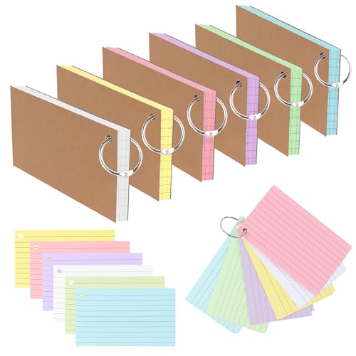 TECDW 300 peças fichas com cobertura de papel Kraft reforçado, estúdio Flashcards de 3 x 5 polegadas, colorido cartões de índice para aprendizagem, escritório e casa (6 cores 6 porta-chaves de metal)