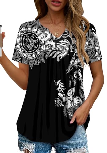 KISSMODA Tops for Womens Summer Cute Short Sleeve Shirts Trendy Notched Neck Blouses Casual Loose Pleated Tunics S-3Xl