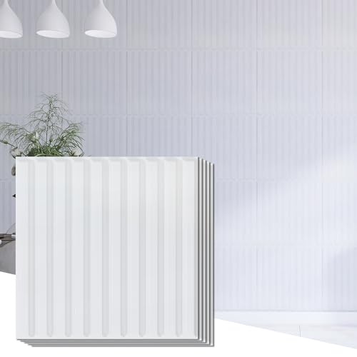 KASARO 12 PCS Slat Wall Panel, 19.7x19.7 inch PVC Decorative 3D Wood Slat Tiles for Interior Wall Decor, Fluted Textured Paneling Glue up Covering for Living Room Bedroom, White
