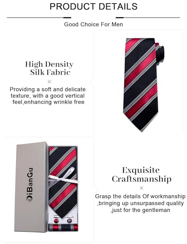 Image of DiBanGu Mens Striped Tie Silk Woven Necktie and Pocket Square Cufflinks Tie Clip Set Wedding Business Formal Gift Tie for Men