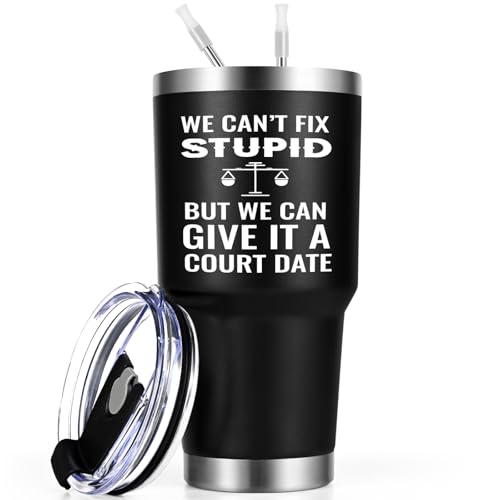 Qtencas Lawyer Appreciation Gifts for Men, Christmas Gifts for Law Students Teachers Attorney Paralegal, 30oz Stainless Steel Travel Tumbler, We Can't Fix Stupid But We Can Give It A Court Date, Black