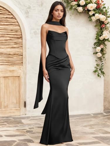 Satin Strapless Bridesmaid Dresses Long for Women Mermaid Pleated Formal Evening Gowns with Scarf2