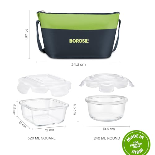 Image of Borosil Daisy Lunchbox with Bag | 4pc Borosilicate Glass Container Set (320ml x 2 Square + 240ml x 2 Round) | Microwave & Dishwasher Safe, Leak Proof | Tiffin for Office, School, College (Alfa Green)