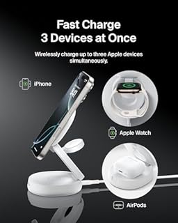 Belkin MagSafe-Compatible Charger, 3-in-1 Convertible Wireless Charging Station, Qi2-Certified 15W Wireless Charger for iPhone 17, Air, Apple Watch, AirPods, Pixelsnap, 36W Plug Included - White