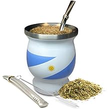 Norte Yerba Mate Cup Set Stainless Steel Blue & White Insulated 8 oz Cup/Gourd with 2 Bombillas & Cleaning Brush Traditional Yerba Mate Kit for Tea Drinkers, Travel & Everyday Use