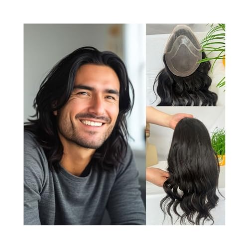Hombres Tupé de cabello humano ondulado suelto for hombre, 30,5 cm x 25,4, monofilamento con encaje superior poliuretano alrededor la base, prótesis capilar masculina Peinado
