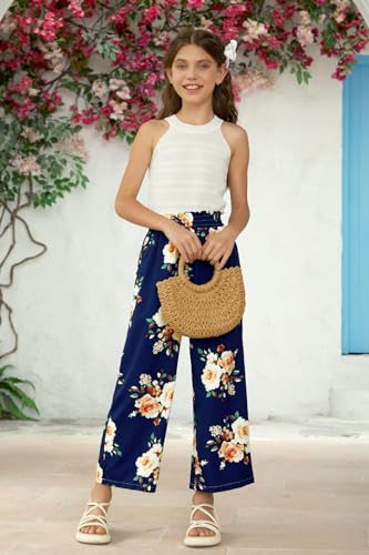 Image of Girls Summer Floral Wide Leg Pants High Waisted Flowy Dress Trousers with Pockets for School Lounge Beach 5-14 Years