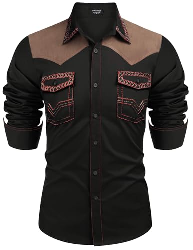 COOFANDY Men's Western Cowboy Shirt Embroidered Long Sleeve Slim Fit Casual Cotton Button Down Hippie Shirts with Pockets