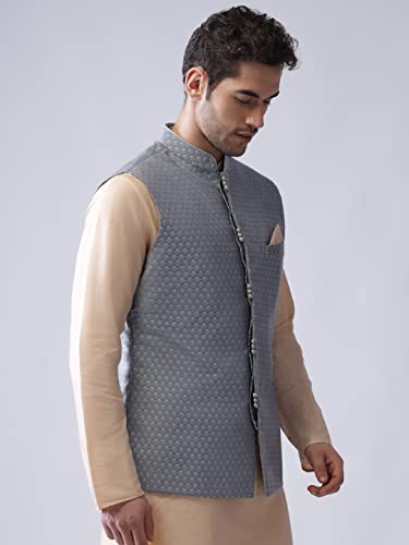 Image of KISAH Men's Cream Jacquard Silk Blend Nehru Jacket- Traditional Indian Waistcoat for Weddings & Royal Parties