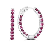 MAX + STONE Created Red Ruby Inside Out Hoop Earrings for Women in 925 Sterling Silver 1 Inch Diameter and 3mm July Birthstone with Notched Post with Lock
