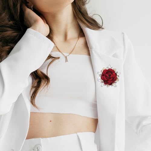 Mabor Elegant Rose Flower Brooch Pin for Women Men Wedding Party Gentleman's Essentials Crystal Pearl Fabric Flower Lapel Pin Dress Suit Accessories - Thumbnail 5