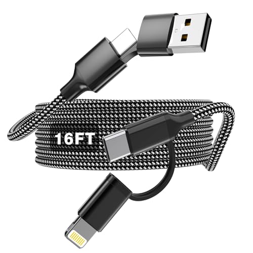 Extra Long iPhone Charger Cable 5M, 60W Fast Charging Cable USB-C and Lightning 4-in-1 Cable 15FT Braided Charging Cord Multi Charger Cord Combo Lightning/Type C/USB A for iPhone iPad Samsung (Mono)