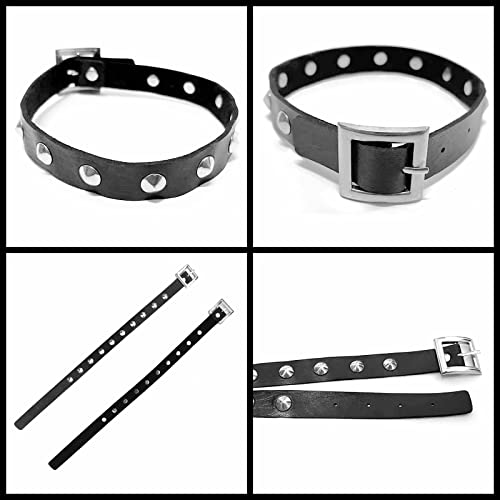 Tosmifairy Studded Spiked Pyramid Faux Leather Necklace Collar With Buckle+Cone Round Studs Wide Cuffs,80S Punk Choker Bracelet Set,3 Rows Rivets #TOP2