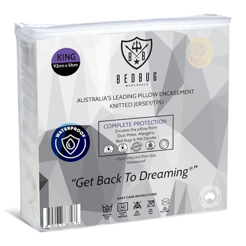 King - Waterproof Pillow Encasement, for Bed Bugs, Dust Mites, Allergen Particles & Spills, Zippered Pillow Protector by Bed Bug Wholesale - (92cm x 51cm)
