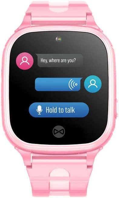 Smartwatch screen displaying a chat interface with 'Hey, where are you?' message and 'Hold to talk' button.