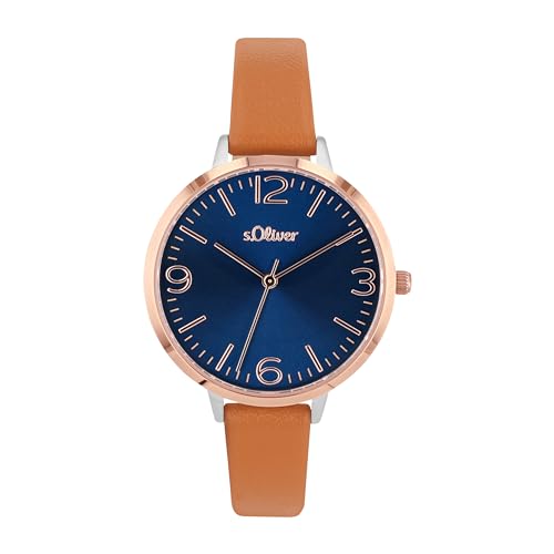 s.Oliver Armbanduhr Damen Quarzuhr Analog, mit Leder Armband, Bicolor, 3 bar Wasserdicht, Kommt in Uhren Geschenk Box, 2033482