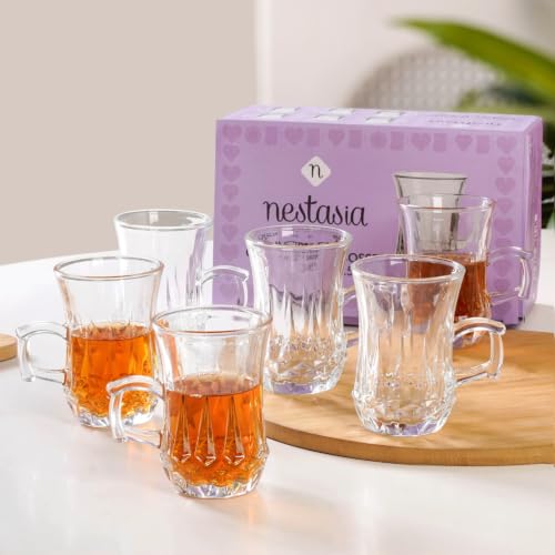 Image of Nestasia Set of 6 Transparent Glass Tea Cups (150ml Each) - Geometric Embossed Durable & 100% Food-Safe Coffee Mugs | Perfect for Coffee, Tea, Hot & Cold Beverages