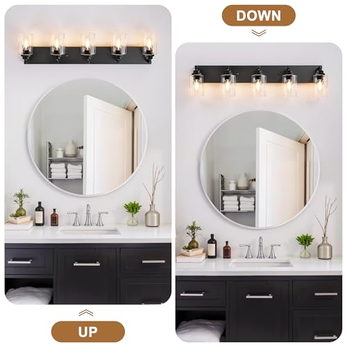 Image of 5-Light Matte Black Bathroom Vanity Light, Clear Glass Shade | 35.4 inch Wall Mount Over Mirror Lighting Fixtures, Durable Metal, Modern Farmhouse Style, for Bathroom, Bedroom, Easy To Install