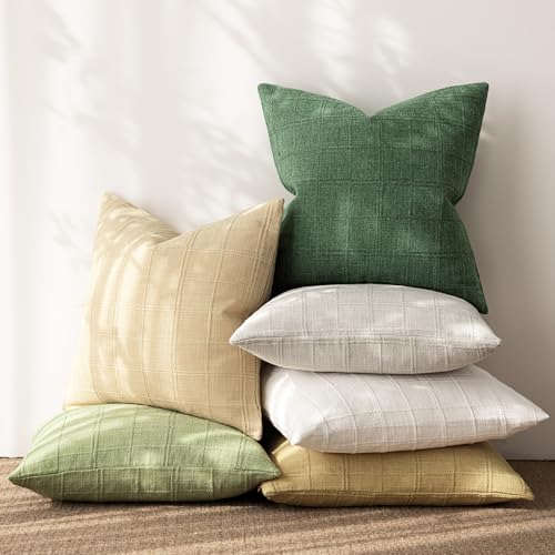 Image of Foindtower Set of 1 Decorative Linen Check Throw Pillow Cover Neutral Farmhouse Vintage Cushion Cover Modern Boho Accent Home Decor for Sofa Chair Couch Bedroom Living Room,18x18 Inch,Forest Green