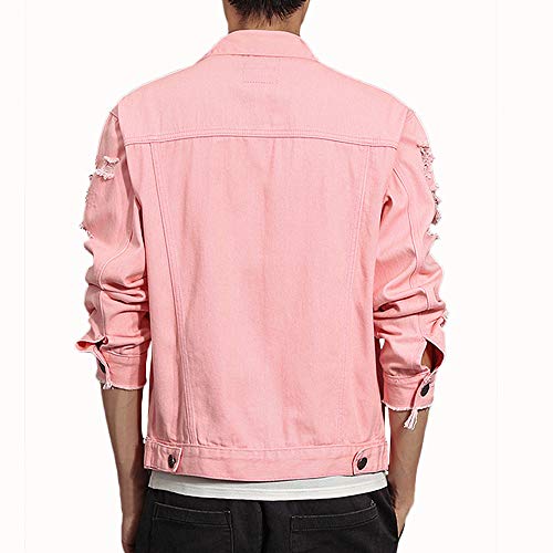 Rexcyril Men's Distressed Denim Jacket Casual Ripped Holes Button Down Trucker Jacket Jean Coat Pink, X-Large #TOP2