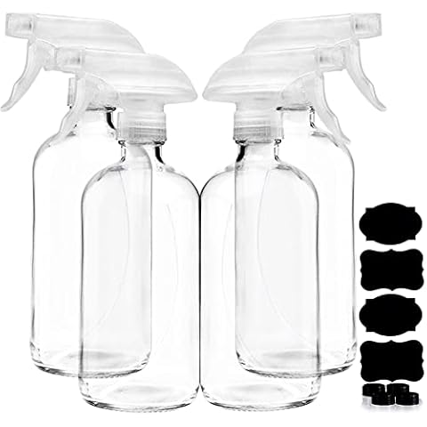 Clear Glass Spray Bottles For Cleaning Solutions (4 Pack) - 16 Ounce, Refillable & Reusable Sprayer for Essential Oil, Water, Kitchen, Hair. Durable Black Trigger Sprayer w/Mist and Stream Settings Cover