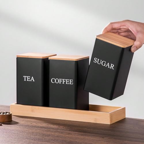 shoxil Tea Coffee Sugar Canisters Set Black, 1000ML 3 Piece Metal Canister Storage Jar Container Set - Image 3