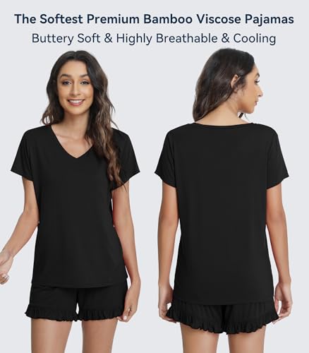 Image of WiWi Womens Pajamas Set Bamboo Viscose Super Soft Short Sleeve Top Ruffle Shorts Sleepwear Cooling Pj Sets S-XXL
