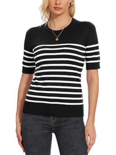 Image of Spicy Sandia Women's Short Sleeve Sweater Casual Knit Pullover Top for Summer Lightweight Black and White Striped 2XL