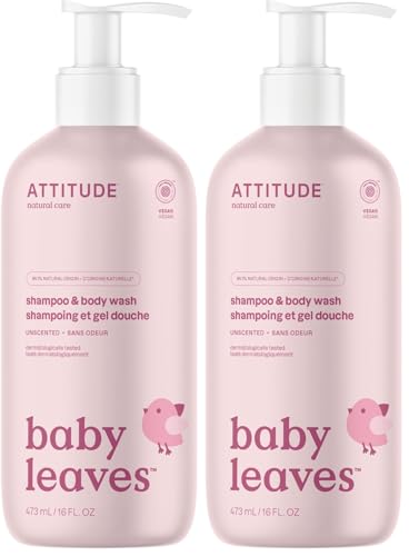 Image of ATTITUDE Baby 2-in-1 Shampoo & Body Wash, EWG Verified, Fragrance Free & Dermatologically Tested, Vegan, Unscented, 16 Fl Oz (Pack of 2)