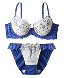 [ニッセン] 脇高マーガレットレースブラジャーショーツセット ロイヤルブルー B90/3L