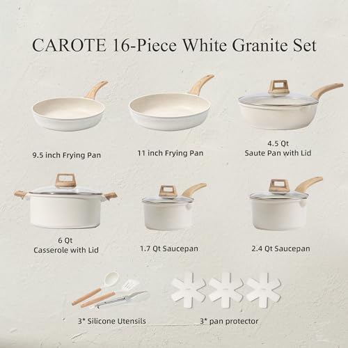 CAROTE 16 Piece Pots and Pans Set Nonstick, White Granite Cookware Sets Induction Cookware, Non Stick Cooking Set w/Frying Pans & Saucepans (PFOS, PFOA Free) CAROTE 16 Piece Pots and Pans Set Nonstick, White Granite Cookware Sets Induction Cookware, Non Stick Cooking Set w/Frying Pans & Saucepans (PFOS, PFOA Free)