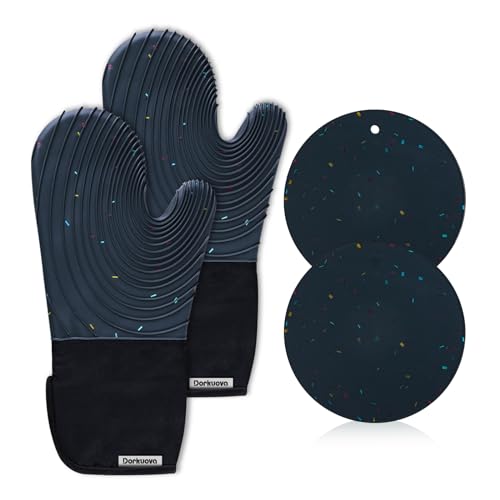 Dorkuova Silicone Oven Mitts,Cotton Lined Gloves, BPA-Free, Long Cooking Mitts and Trivet Mats, Oven Mitts Set for BBQ, 4 Pieces (Dark Grey)