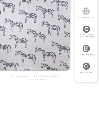 Image of Oilo Crib Sheet, Breathable 100% Turkish Cotton Fitted Jersey, 300 Thread Count, Machine Washable, Fits Standard Crib (28 inch x 52 inch x 6 inch), Toddler Bedding, Gray Zebra