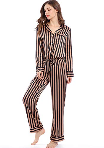 Image of Serenedelicacy Women's Satin Pajama Set Long Sleeve Button Down Sleepwear 2-Piece Silky Pj Set
