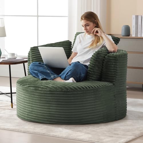 Image of Antetek 48.8-inch Round Chair, Modern Accent Corduroy Comfy Deep Seat Boneless Foam Floor Single Circle Chaise Sofa Chair with 3 Pillows for Living Room Bedroom Office, No Assembly Required, Green