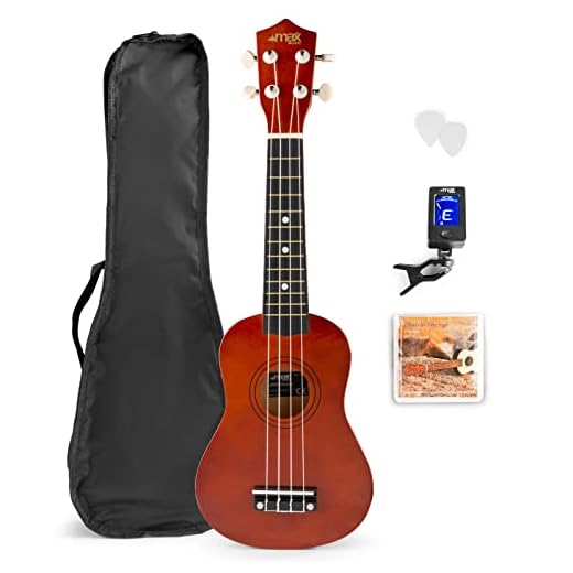 MAX UKEY Set de Ukelele soprano fabricado en madera de Tilo - ukelele adulto Incluye: guitarra ukelele de madera de 21 pulgadas, bolsa de ukulele, púas, afinador y cuerdas de repuesto - Madera Oscura