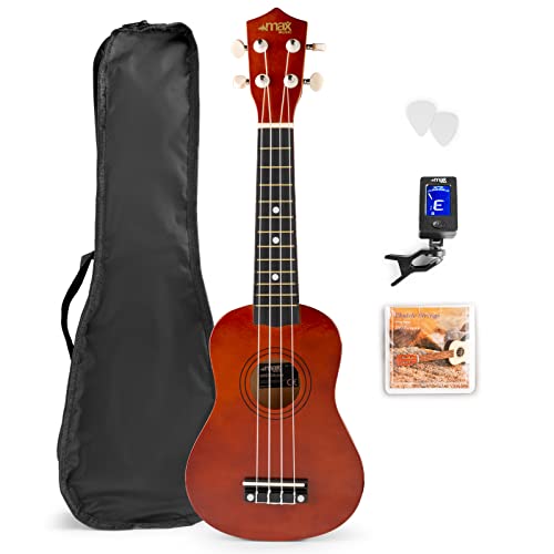 MAX UKEY - Juego completo de ukelele con púas, afinador digital y funda, guitarra de 21 pulgadas, ukelele para adultos con accesorios para principiantes, soprano, 4 cuerdas de nailon, 12 trastes