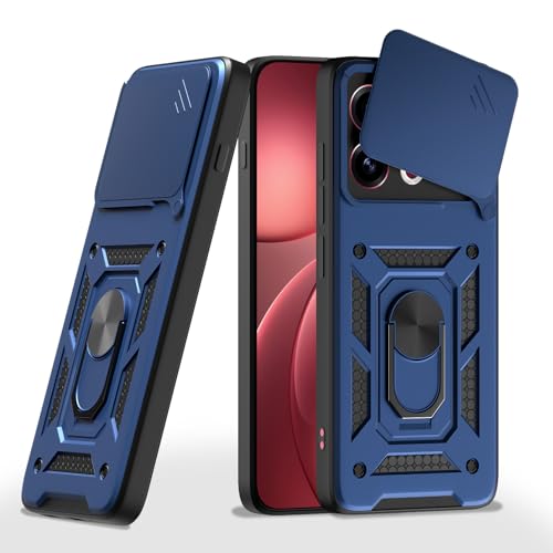 Image of Pikkme Back Cover for Oppo Find X9 5G | 360 Protection Case | Sliding Camera Shield Cover & Ring Holder Stand D10 Tough Armor Bumper Case (Blue)