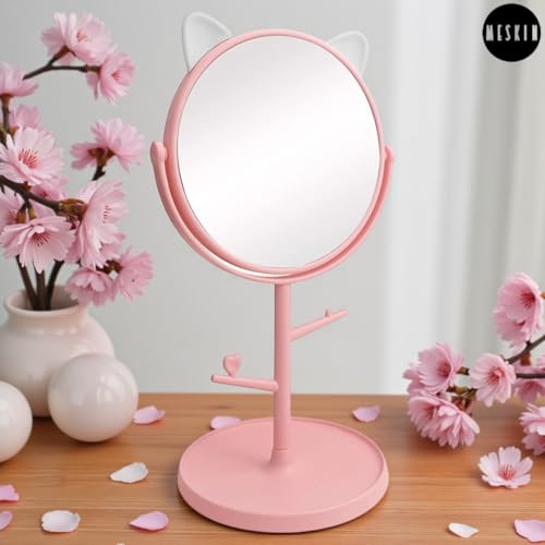 Image of MESKIN Cute Cat Ear Vanity Makeup Mirror with Storage Tray and Jewelry Holder Stand, 360 Desktop Swivel Dressing Table Mirror for Girls, Teens, Dorm Room, Bathroom Mirror (Pack of 1, Pink)