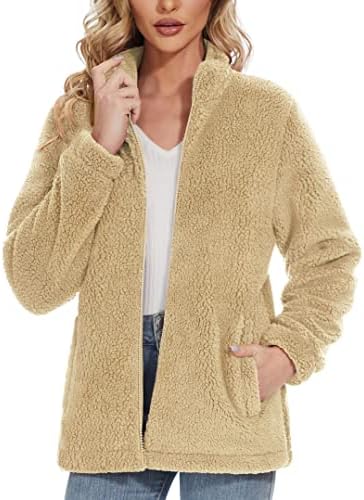 MAGCOMSEN Fuzzy Coats for Women Winter Jackets Casual Stand Collar Fluffy Faux Fur Cold Weather Traveling Jacket Khaki L