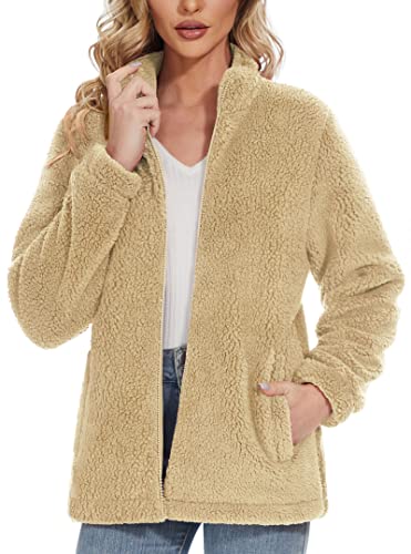 MAGCOMSEN Women Sherpa Jacket Full Zip Fuzzy Teddy Coat with Pockets Fleece Lined Warm Winter Casual Outfits
