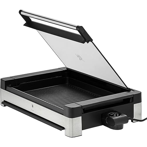 Foto von WMF Lono Tischgrill elektrisch mit Glasdeckel, beschichtete Grillplatte, herausnehmbare Auffangschale, spülmaschinenfest, Edelstahl matt, 2200 Watt