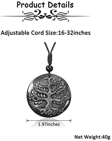 JOVIVI Tree of Life Obsidian Crystal Stone Healing Amulet Protection Pendant Necklace Men Handcarved Natural Black Gemstone Quartz Jewellery for Women Gifts