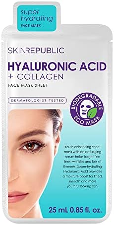 Skin Republic Hyaluronic Acid + Collagen Sheet Mask. Clinically Proven to Provide 48-Hours of Long-Lasting Hydration. Made in Korea.